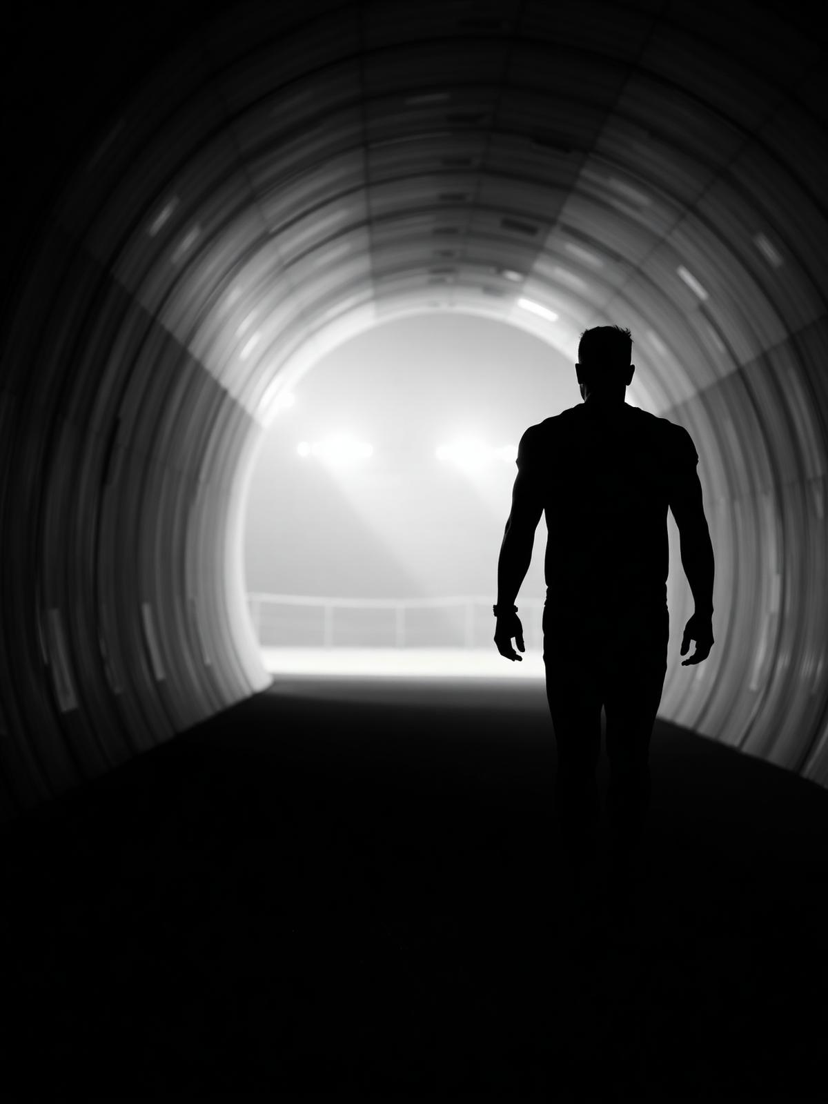 Athlete silhouette walking through tunnel into stadium light